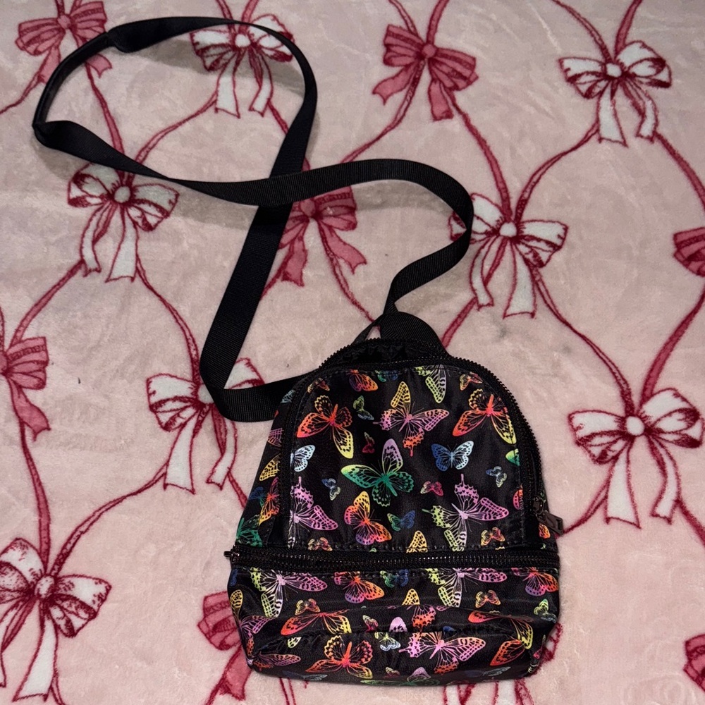 Black Mini Crossbody Bag with Multicolor Butterfly Print